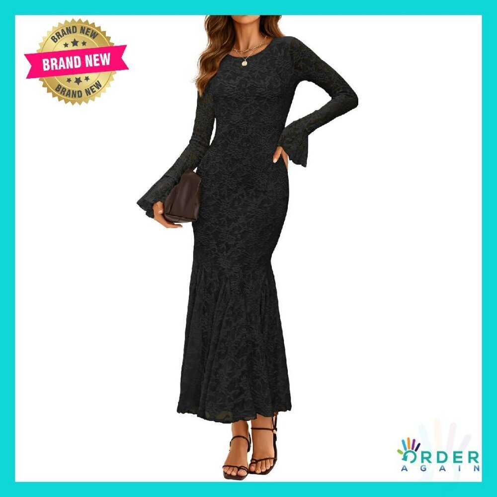 Long Sleeve Bodycon Maxi Dress Mermaid Hem Bell Sleeve Elegant Formal